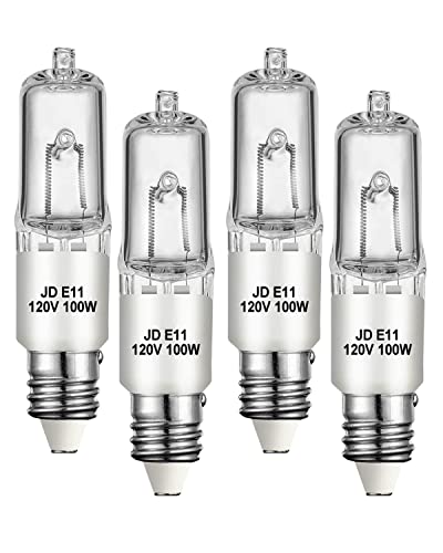4 Pack JDE11 Bulb,120V 100W Halogen Candelabra Bulbs,T4 Mini Base JD E11 Bulb ,Dimmable 2700K Warm White(Replacement E11 LED bulb),for Chandeliers,Candelabra,Ceiling Fan, Table Lamps, Cabinet Lighting