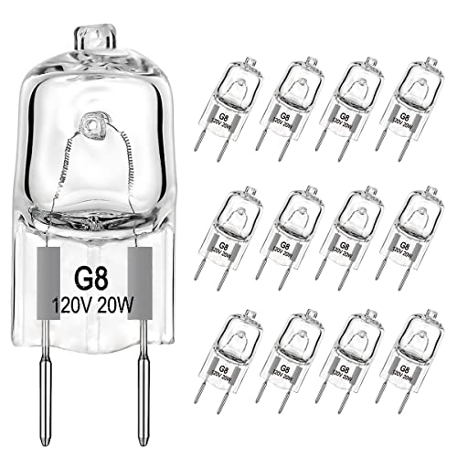 G8 Halogen Light Bulbs 20Watt 120Volt Halogen Light Bulb G8 Base Bi-Pin Shorter 1-3/8″ (1.38″) Length 20W T4 JCD Warm White Under Cabinet Puck Lighting Replacements,12Pack