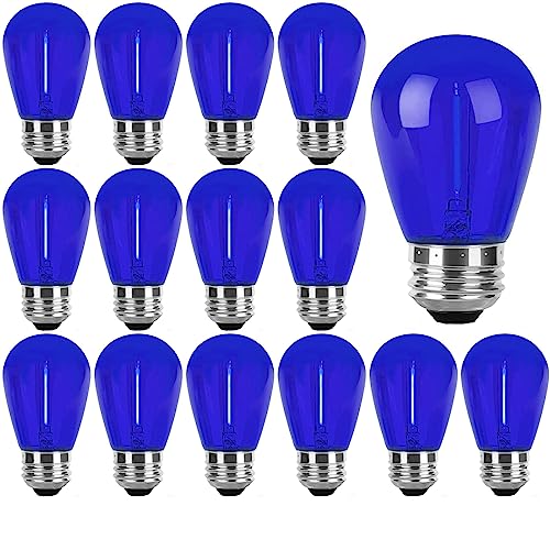 15 Pack S14 LED Bulb Blue 1W S14 Filament Bulb Shatterproof Blue Colored Plastic Outdoor Indoor Filament Replacement Bulbs E26 Base Decorative LED String Light Bulbs for Wedding Party Home(Blue)