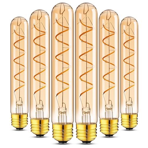 Grensk E26 Tubular LED Light Bulbs,7.3inch T10 Long Light Bulb Dimmable,4W Tube Thin Vintage Edison LED Decorative Antique Light Bulb,Warm White 2700K Type T Bulb,400LM,110V,Amber(6-Pack)