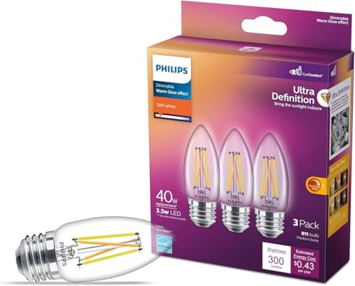 PHILIPS LED Flicker-Free Clear Dimmable B11 Light Bulb – EyeComfort Technology – 500 Lumen – Soft White (2700K) – 5W=60W – E26 Base – Title 20 Certified – Ultra Definition – Indoor – 3-Pack